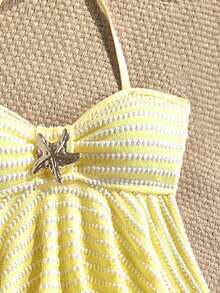 SHEIN Tween Girls Knit Striped Textured Pink Halter Neck Ruffle Swimsuit Set - Yellow - View 4