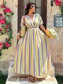 Vionelle Plus Size Vacation Style White V-Neck Waist-Cinching Dress Vacation Summer Boho - Green - View 1