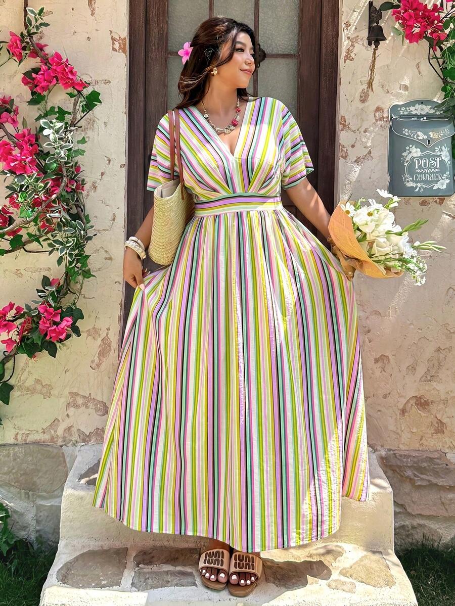Vionelle Plus Size Vacation Style White V-Neck Waist-Cinching Dress Vacation Summer Boho - Green - View 1
