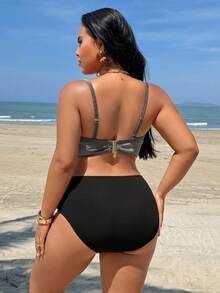 Swim Lushoire Plus Size Women's Striped Ribbed Print Underwire Push-Up Criss-Cross Design Top With Black Striped Ruched Tummy Control Minimalist Sexy Summer Beach Swimsuit Set - Black and White - View 2