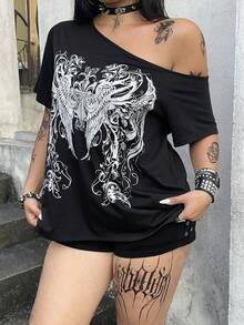 Whyspr Plus Size Casual Sexy Asymmetric Neck Back Cutout T-Shirt Print Top - Black - View 5