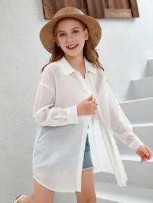SHEIN Tween Girl Drop Shoulder Button Front Drop Shoulder Shirt - White - View 1