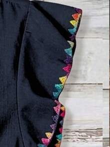 EMERY ROSE Plus Size Summer Casual Embroidered Cap Sleeve Shirt - Navy Blue - View 3