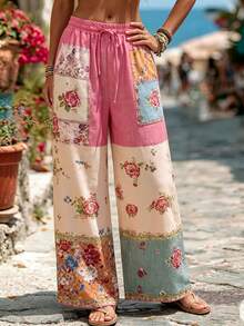 Zayélia Women's Casual Boho Versatile Elegant Loose Fit Pink Floral Print Wide Leg Long Pants For Autumn And Beach - Pink - View 3