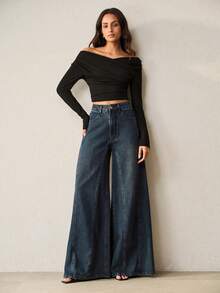 Anewsta Women's Spring/Summer Fashion Patchwork Blue Mother's Day Wide Leg Jeans - Blue - View 2