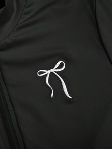 SHEIN Tween Girl Tween Girl Casual Daily Versatile Comfortable Slim Fit Solid Color Bow Embroidery Pattern Sportswear - Black - View 8
