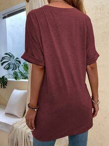 EMERY ROSE Solid Color Knit V-Neck Loose Long Sleeve Casual Plus Size T-Shirt With Side Slit Design, Plus Size T-Shirt - Apricot - View 2