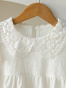 SHEIN Genkimix Kids 女孩优雅纯色提花纹理盖袖荷叶边领高腰 A 字公主裙，适合旅行、度假、派对、生日礼物、夏季 - 白色 - 查看 5