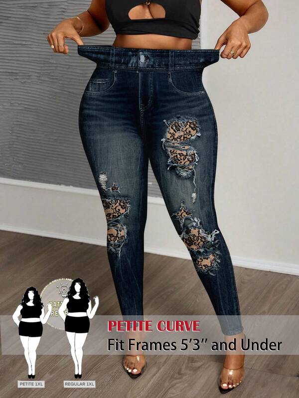 SHEIN PETITE CURVE 大尺碼牛仔效果破洞印花緊身褲