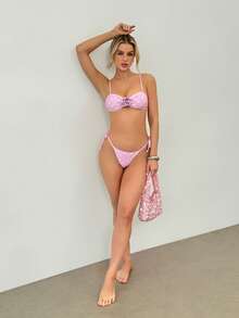 Vecteezy 女款甜美粉色波點花卉度假海灘溫泉兩件式三角比基尼套裝，性感托高優雅泳衣 - 粉色 - 查看 6