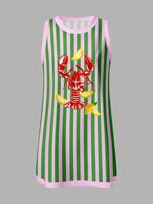 SHEIN EZwear Casual Minimalist Vacation Style Fun Lobster Striped Placement Print Pattern Pink Background Contrast Green Striped Women's Dress Suitable For Spring/Summer Vacation Fun Quirky Cute Style Beach - White - View 6