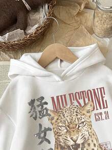 Slaydiva Áo nỉ hoodie nữ dáng rộng tay dài dày dặn, phong cách tối giản Á Đông, in hình họa tiết chữ Hán và báo gầm, phù hợp cho mùa xuân hè thu đông, áo nhảy phong cách đường phố đa năng - trắng - Xem 4