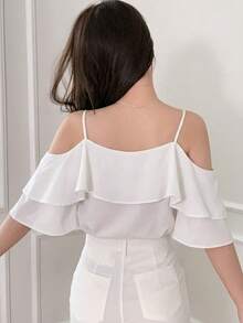DAZY Contrast Mesh Short Sleeve Round Neck Ruffle Trim Women's Blouse Summer - White - View 2