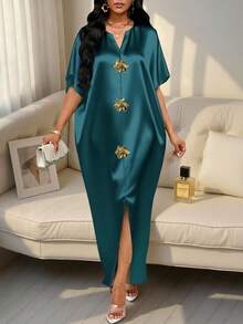 SHEIN Lady 四季通用度假洋裝/婚禮賓客套裝/舞會禮服/金色/晚禮服/金色女款緞面提花前開衩洋裝，休閒派對優雅風 - 墨綠色 - 查看 4