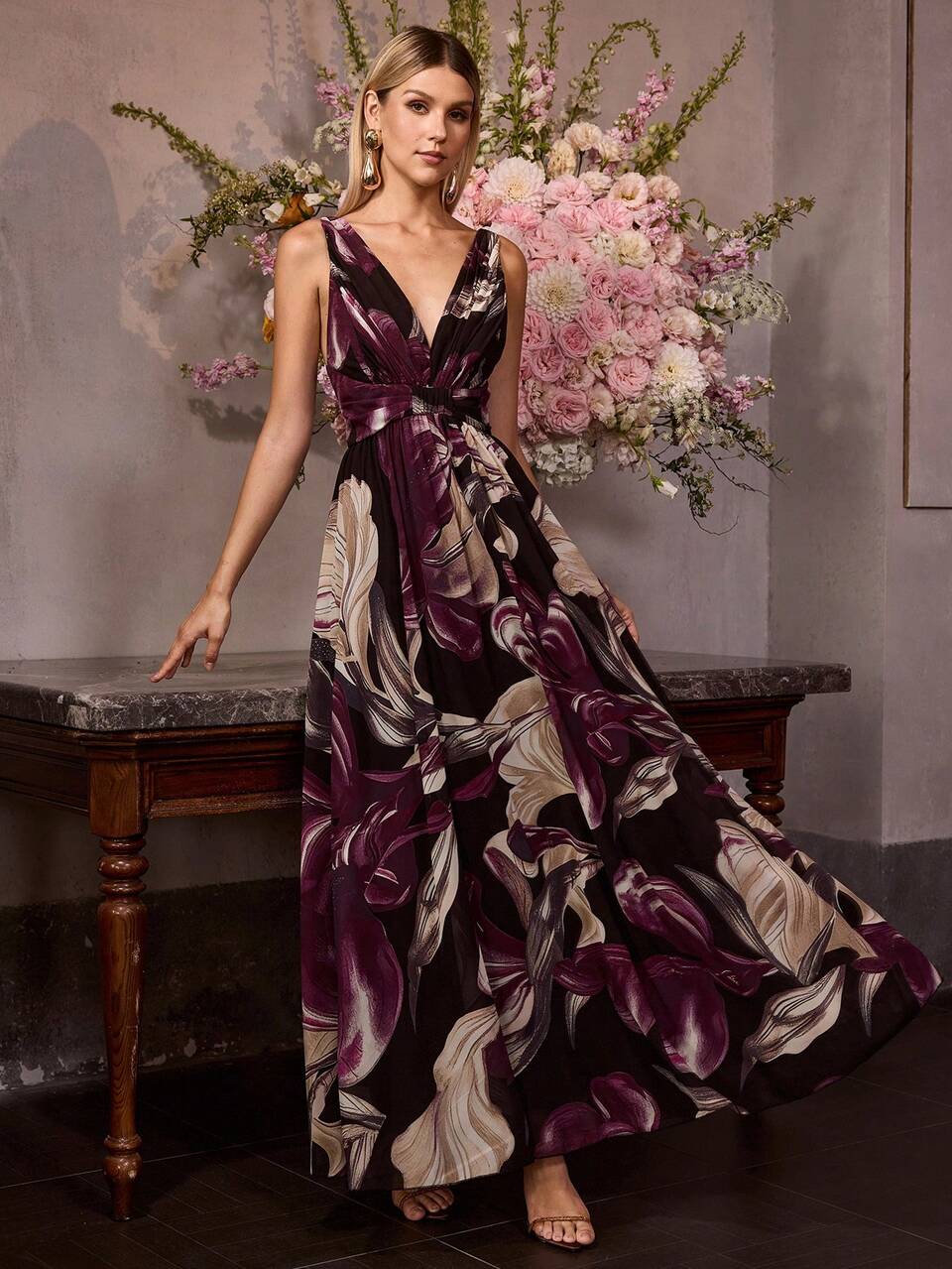 MOTF Soiréza ELEGANT WOMEN'S SLEEVELESS DEEP V-NECK MAXI PARTY GOWN WITH CHIFFON RANDOM FLORAL PATTERN FABRIC, CHEST RUCHED DETAILING,PERFECT FOR VALENTINE'S DAY, EVENING GALAS, WEDDING GUEST ATTIRE, ANNIVERSARY CELEBRATIONS, PROM NIGHTS, HOLIDAY BASHES, ELEGANT BIRTHDAY CELEBRATIONS