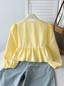 SHEIN 青少年女孩寬鬆休閒簡約奶油黃條紋圓領長袖蝴蝶結長袖襯衫返校季 - 黃色 - 查看 2