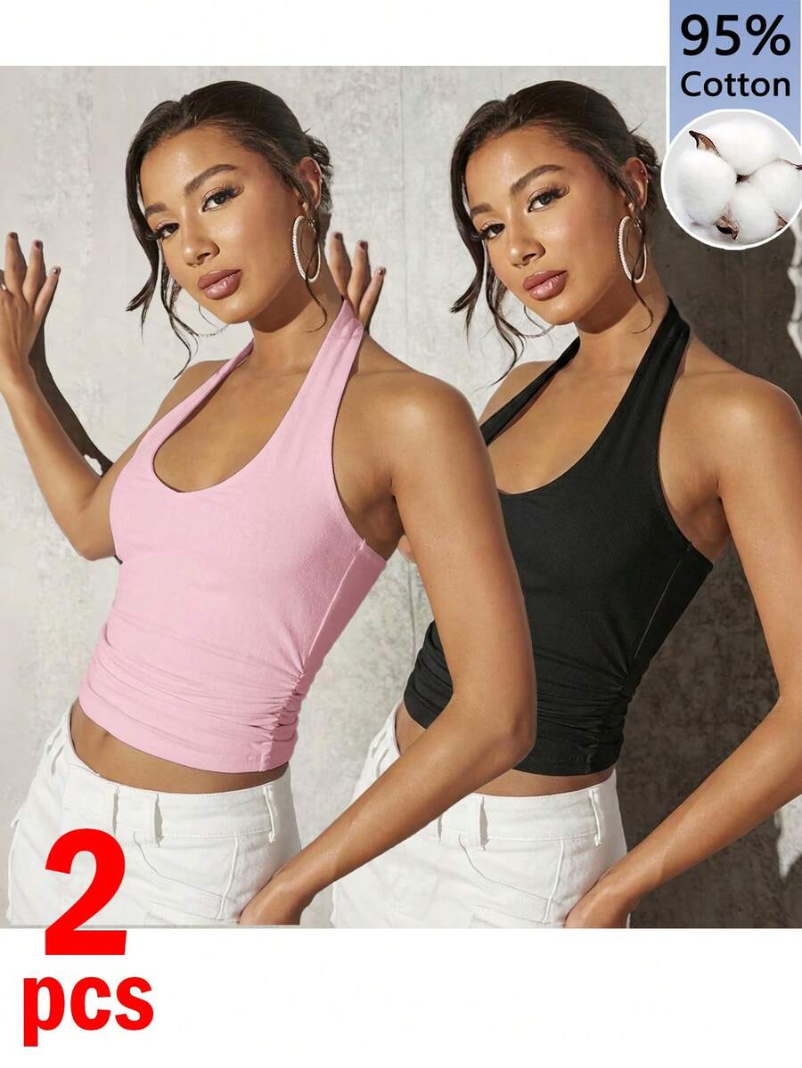 SHEIN BAE 女款 2 件組 95% 棉掛脖背心上衣,適合夏季 - 彩色 - 查看 1