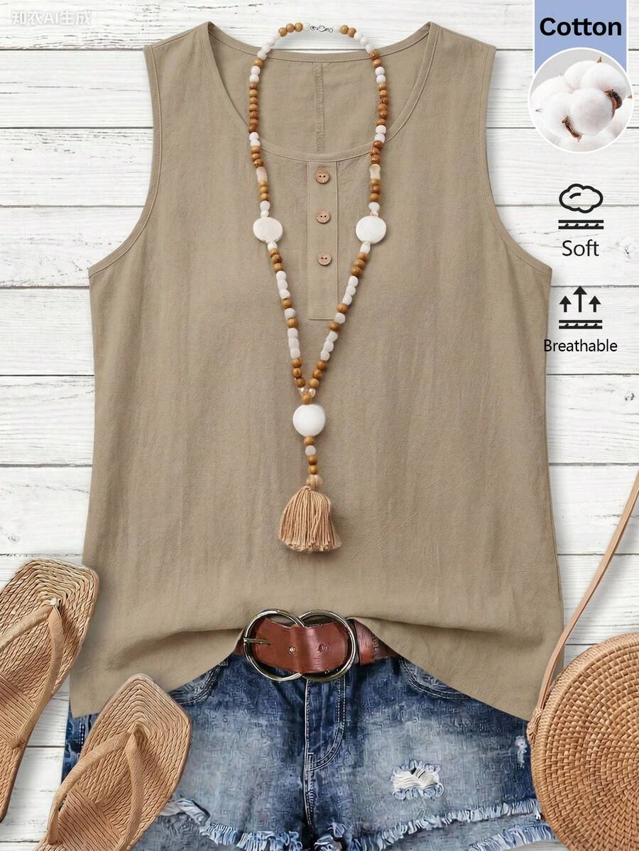SHEIN LUNE Women Casual Simple Solid Color Tank Top Cotton - Khaki - View 1