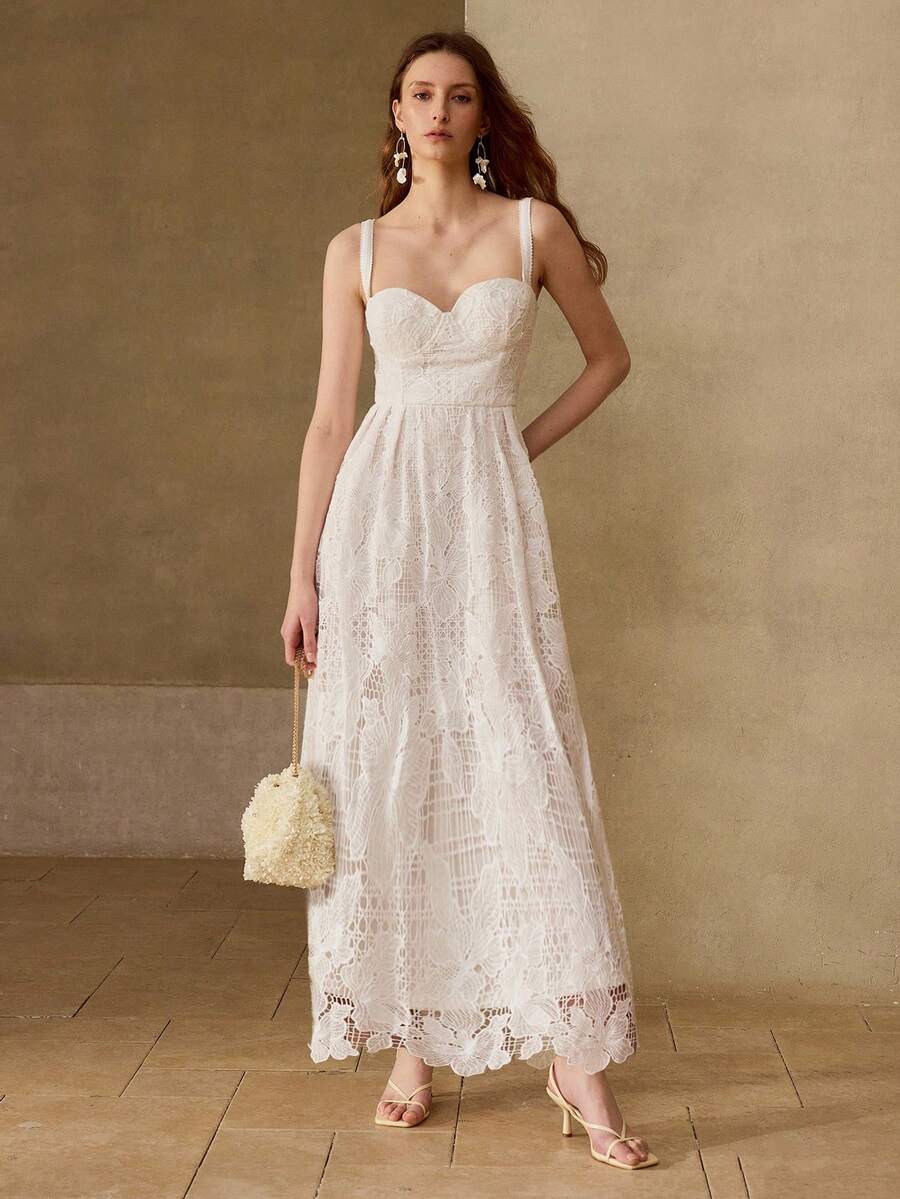 MOTF PREMIUM VESTIDO DE ENCAJE CON PARCHES Y CALADO, PRIMAVERA/VERANO - Blanco - Ver 1