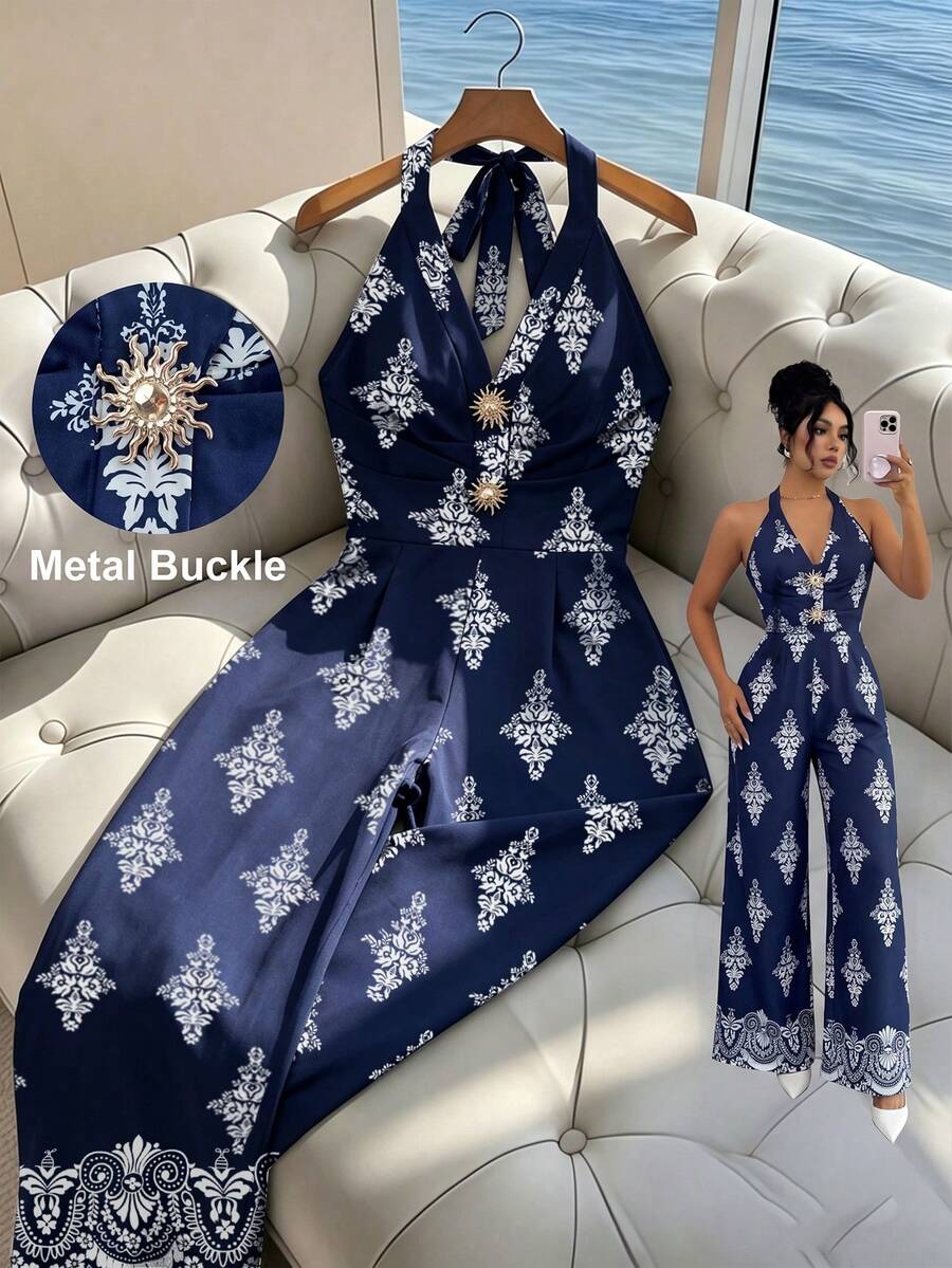 Breezaya 女士复古印花露背吊带阔腿连体裤,腰部饰有搭扣,适合春夏外出、音乐节、海滩度假和日常通勤。 - 藏蓝色 - 查看 1