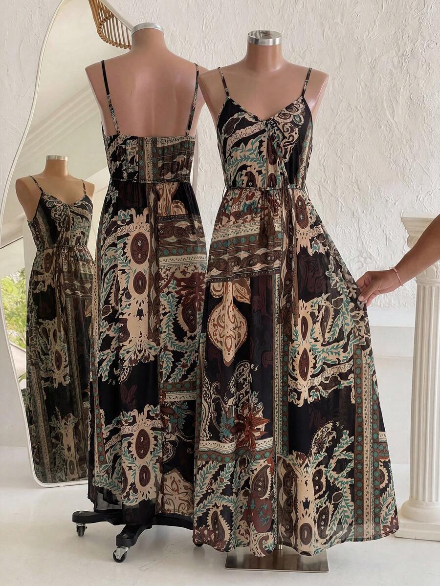 Ellevyn Vestido Maxi Elegante de Estilo Bohemio con Tirantes Finos y Cintura Definida para Mujer, Ideal para Vacaciones - Verde Oscuro - Ver 1