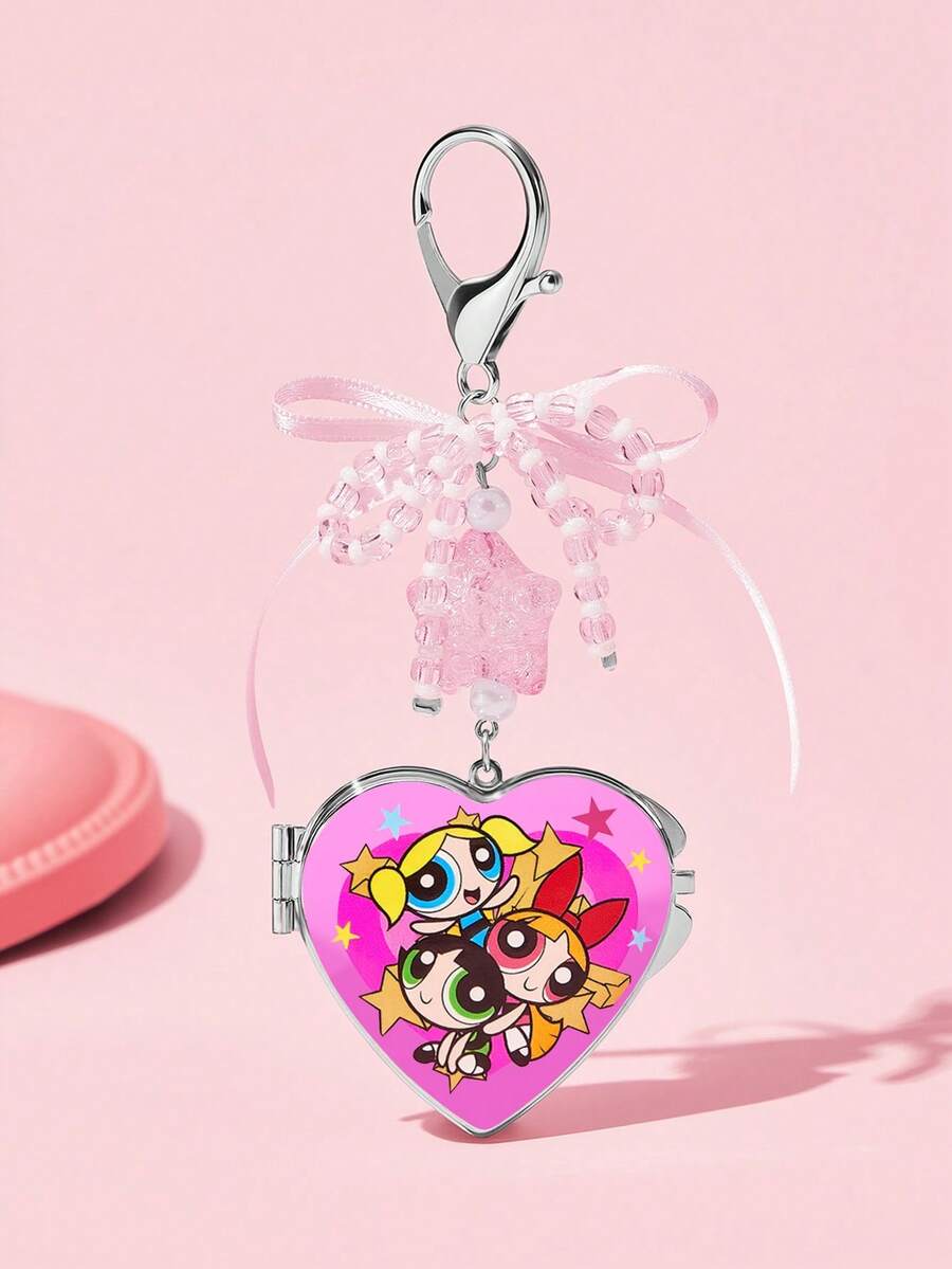 THE POWERPUFF GIRLS X SHEIN 時尚鋅合金銀色鑰匙圈 奢華精緻包包吊飾 仿珍珠掛件 紀念品 收藏品 適用於禮物、錢包、書包、後背包、汽車配件 心形掛鉤 - 彩色 - 查看 1
