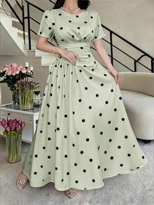 Feyla Women's Colorblock Polka Dot Print Short Sleeve Long Dress - Green - View 11