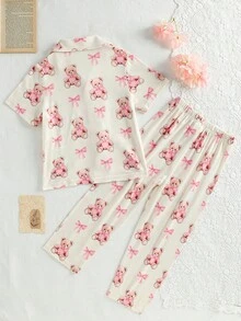 SHEIN 4-7歲女童睡衣套裝，小女孩熊圖案蝴蝶結前開襟翻領短袖長褲休閒時尚舒適兩件式居家服，春夏親膚舒適家居套裝，日常居家睡衣，女童休閒服飾 - 彩色 - 查看 4