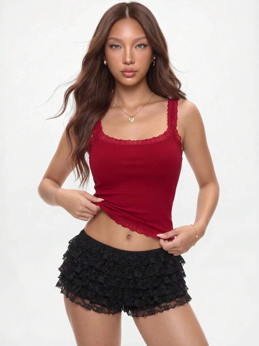 Rina Fox 1 件女式纯色时尚蕾丝拼布吊带背心 - 酒紅色 - 查看 1