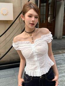 DAZY 女款花卉刺繡圖案百褶休閒百搭日常外出襯衫 夏季可愛上衣 - 白色 - 查看 6