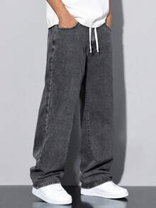 Manfinity Hypemode Jeans anchos de cintura con cordón para hombre, holgados - Gris - Ver 6