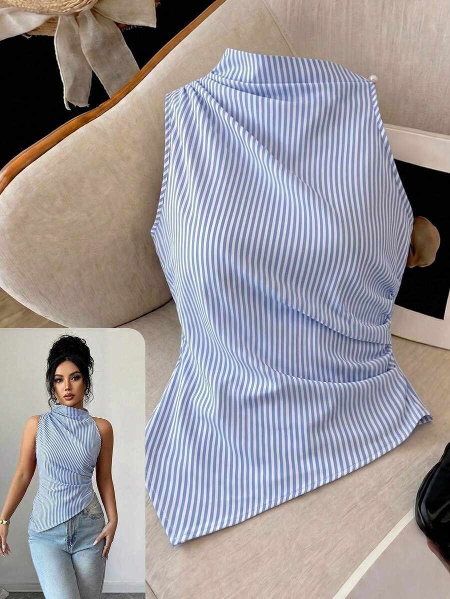 Rafferiza Áo tank top nữ màu đỏ chấm bi, dáng ôm, vạt bất đối xứng - Xanh và trắng - Xem 1