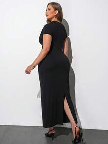 Maija Plus Size Women Solid Color Asymmetrical Shoulder Short Sleeve Fitted Elegant Dress Gym Brown Summer - Black - View 3