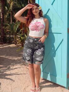 ROMWE Fairycore Vintage Floral Print Washed Plus Size Women's Loose Wide Leg Denim Capri Pants - Black - View 9