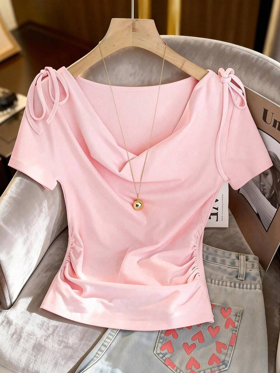 GlowEve 女士优雅休闲雪纺蝴蝶结系腰褶皱修身短袖T恤,夏季女士粉色上衣,粉色垂领上衣,肩部系带上衣,短袖上衣,浅粉色女士高领上衣 - 粉色 - 查看 1
