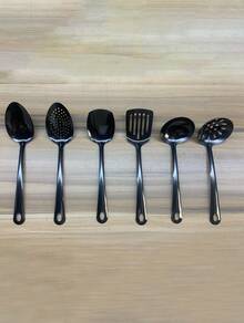 6Pcs Stainless Steel Serving Utensil Set, Including Soup Spoons, Serving Spoons, And Serving Spatulas, Suitable For Home Kitchens, Hotel Buffets, And Banquets. - Black - View 4