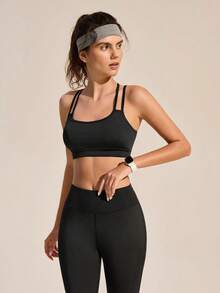 Exploreva Damen Sport-Set mit gekreuzten Trägern, ärmellos, einfarbig, geeignet für Yoga und Outdoor-Sport - Schwarz - Übersicht 6