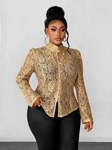 Maweii Plus Size Hollow Lace Stand Collar Button Long Sleeve Blouse - Mustard Yellow - View 2