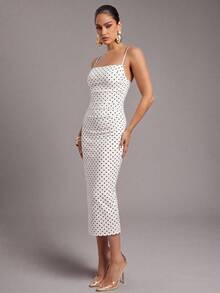 Silquee Women's Contrast Color Polka Dot Print Spaghetti Strap Midi Dress - White - View 6