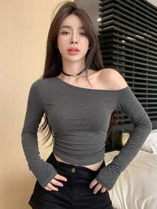 DAZY 女款方領修身T恤 性感風 夜店風 白色波點 秋冬露肩長袖上衣 - 灰色 - 查看 4