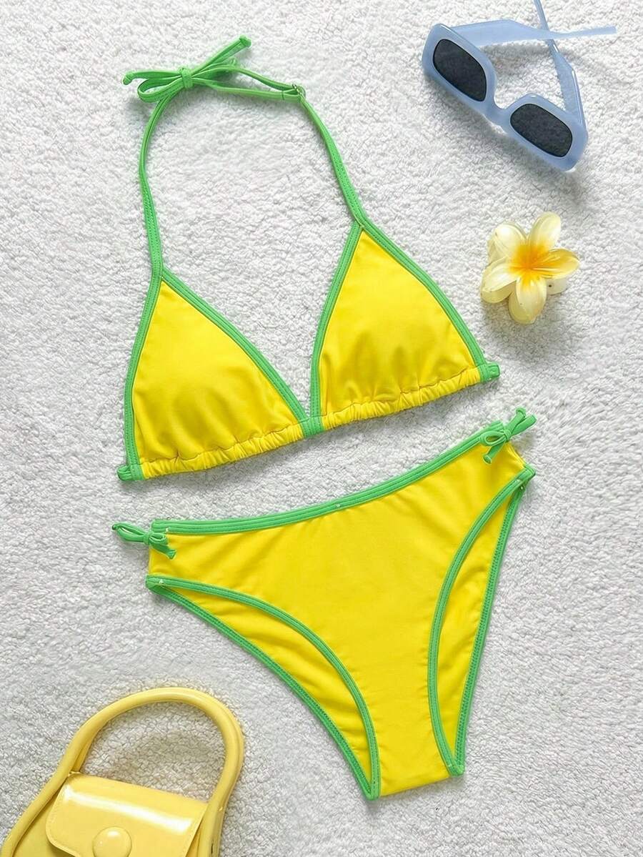 SHEIN Teen Girl Navy Blue & Yellow Contrast Trim Halter Neck Bikini 2 Pieces Swimwear Set, Spring/Summer - Multicolor - View 1