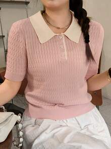 Dazy Plus 對比色拼接 Polo 領學院風修身粉紅色短袖大尺碼女款春夏秋針織上衣 - 粉色 - 查看 3