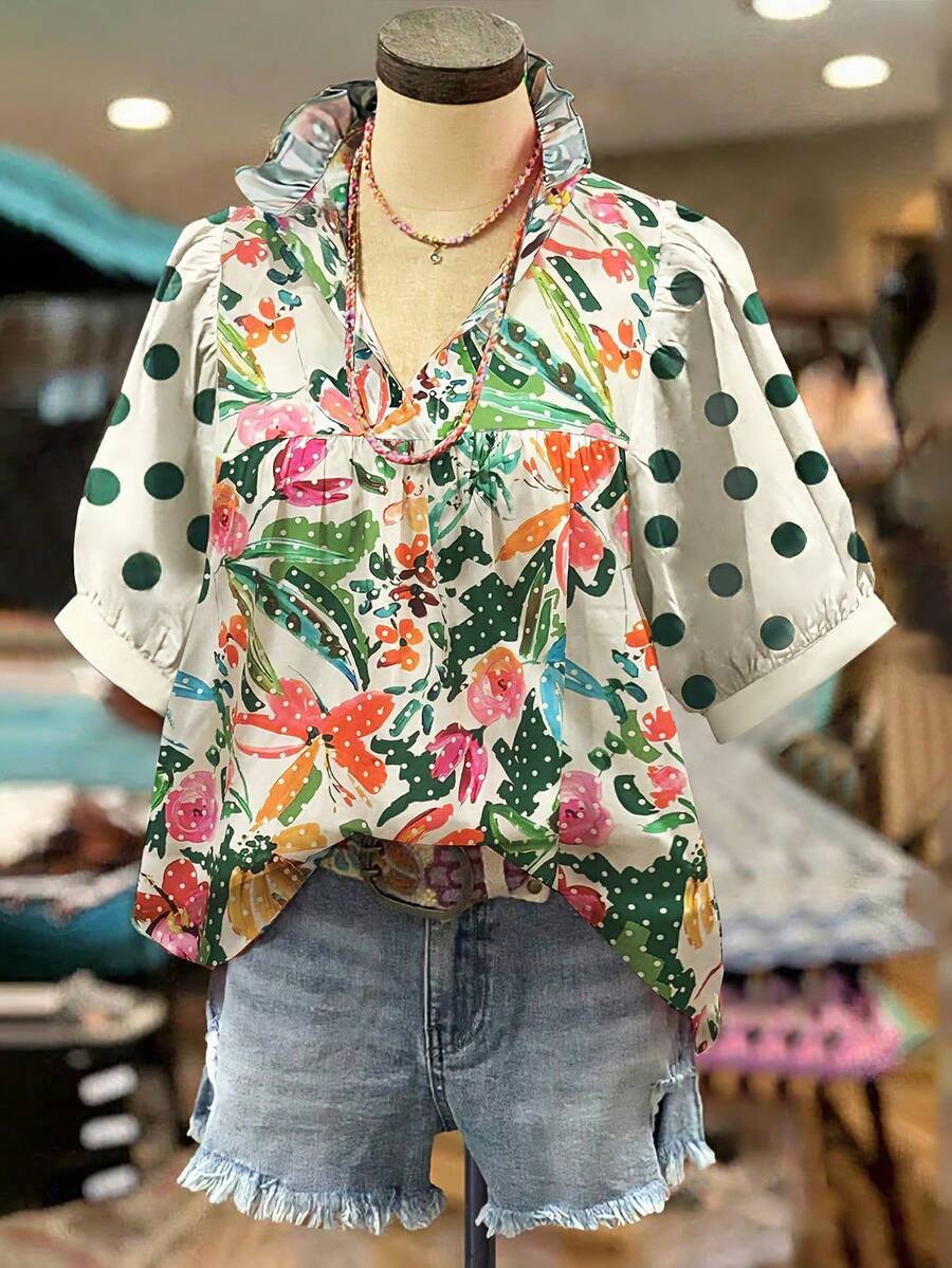 Linhara 大尺碼女款V領荷葉領襯衫,花卉拼接與波點印花設計,休閒通勤週末出遊度假穿搭上衣 - 彩色 - 查看 1