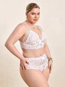 Hourtrue Plus Size Lace Patchwork Comfortable And Fashionable Sexy Bra And Panty Lingerie Set - White - View 7