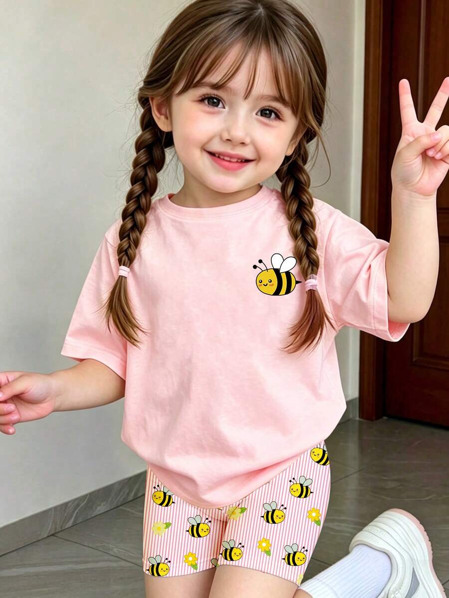 女嬰春夏休閒時尚創意個性清新簡約可愛卡哇伊卡通蜜蜂胸前印花粉白直條紋夏日度假風基本短T恤與單車短褲套裝,舒適日常穿著,愜意夏季風格,適合春夏女嬰氛圍日常運動套裝 - 彩色 - 查看 1