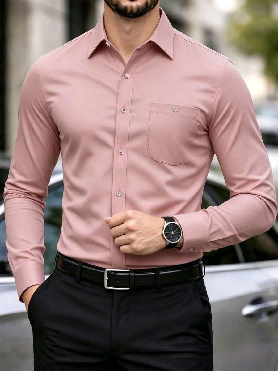 Manfinity Mode Men's Dress Shirts Solid Long Sleeve Stretch Wrinkle-Free Formal Shirt Business Casual Button Down Shirts, Fall, Ceremony - Baby Pink - View 1