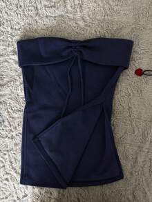 INAWLY 女款夏季休閒純色前抽繩貼身抹胸上衣 - 藏蓝色 - 查看 5