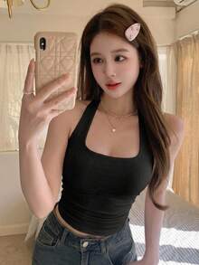 DAZY Women's Summer Solid Color Slim Fit Square Neck Halter Tank Top Going Out Tops Halter Top - Black - View 9