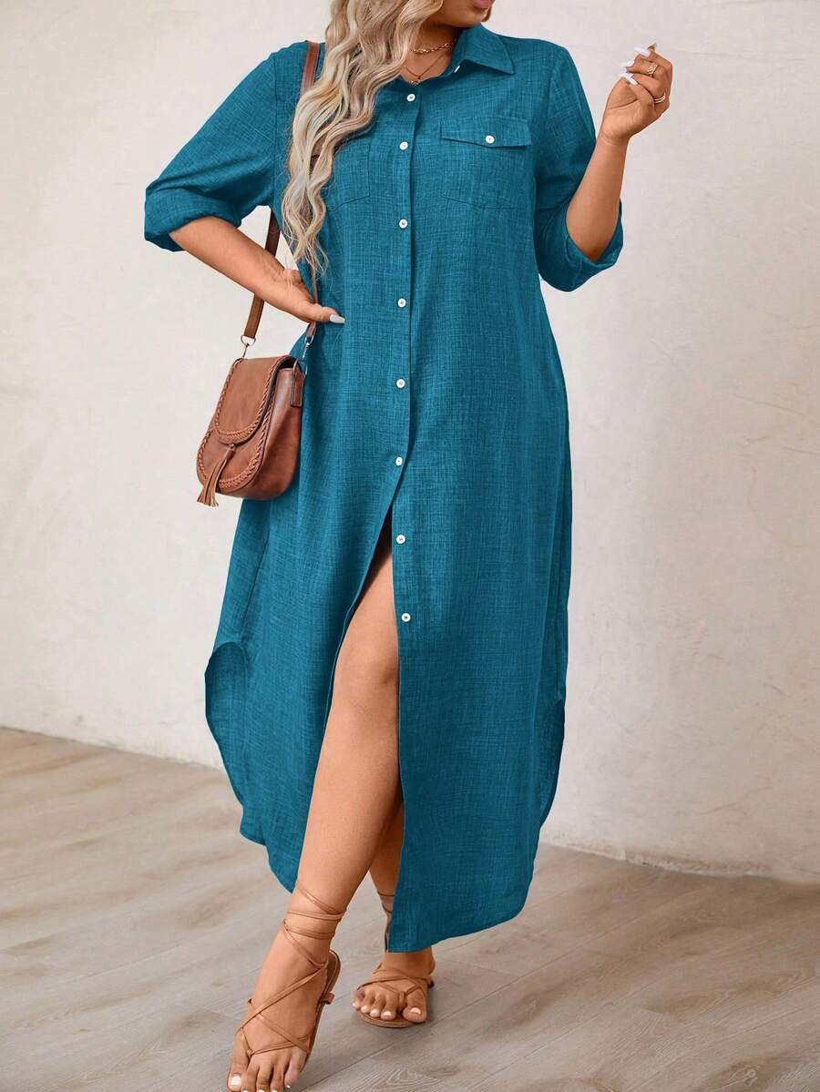 Linhara CURVE Plus Size Women's Solid Color Long Sleeve Shirt Dress Maxi Women Outfit - Blue - View 1