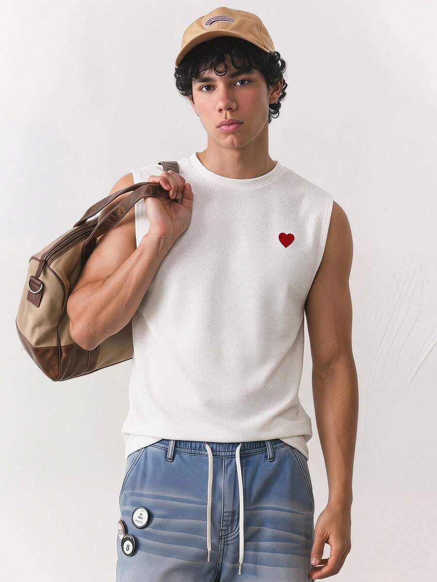 Manfinity BRENVOR 男士休闲宽松背心,白色,纯色,心形装饰,夏季款 - 白色 - 查看 1